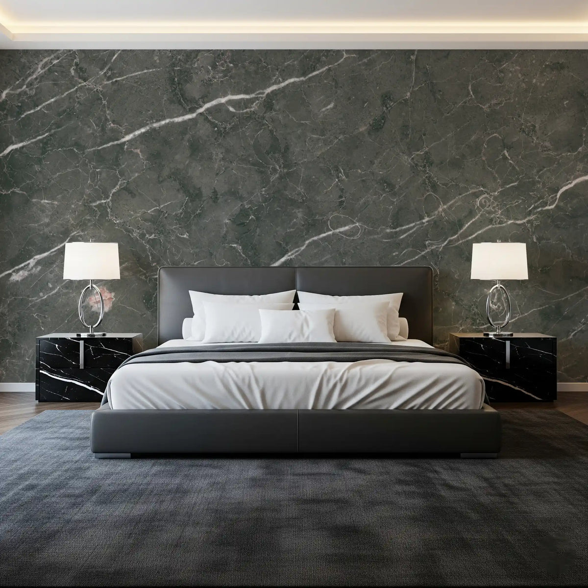 Bedroom with black platform bed and black marble nightstands on charcoal marble wallpaper GD14128
