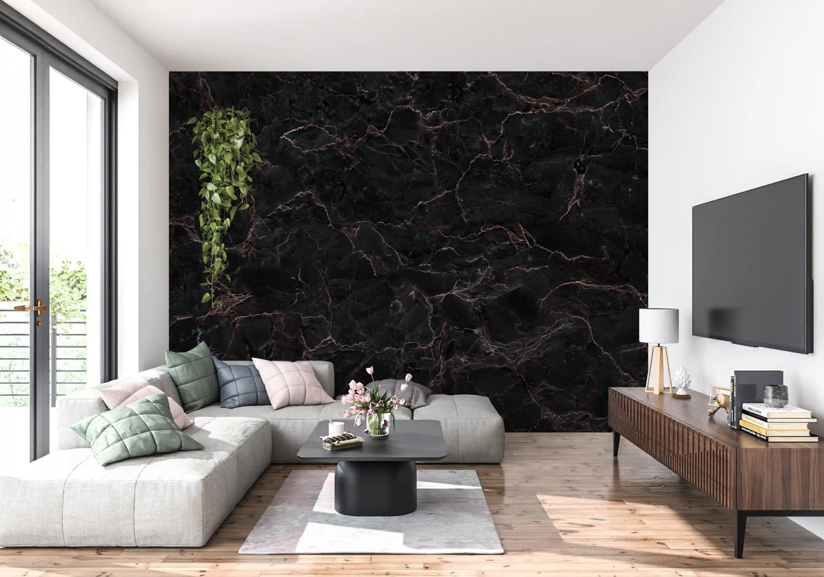 Midnight Obsidian Marble Veins Wall Mural