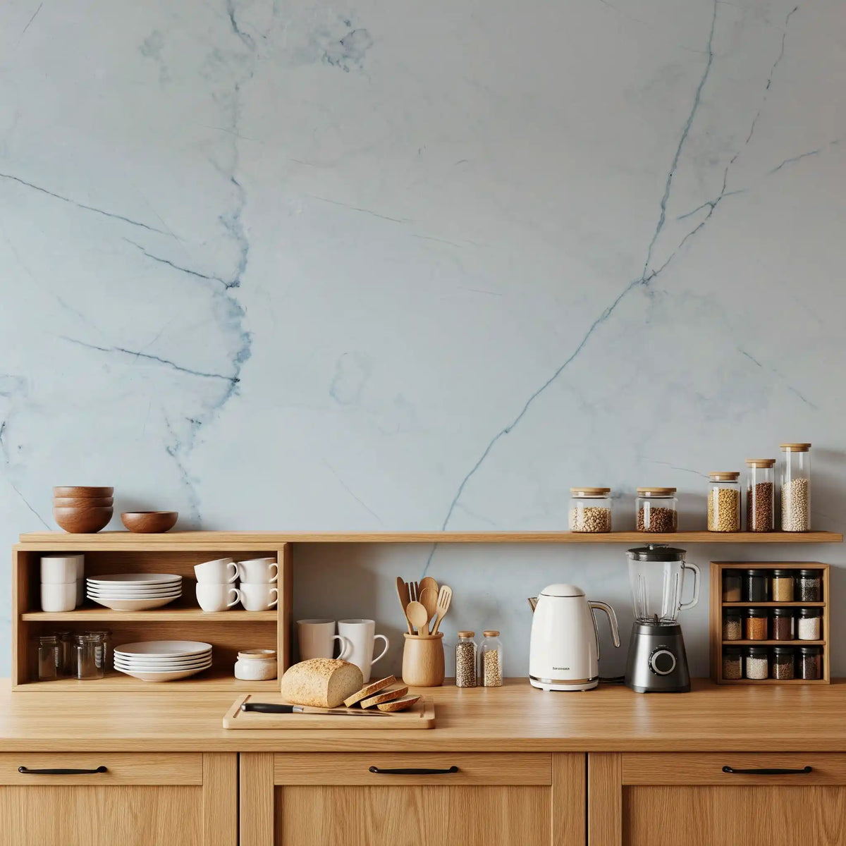 Ice blue marble wallpaper mural above a wooden kitchen counter with open shelves GD14142