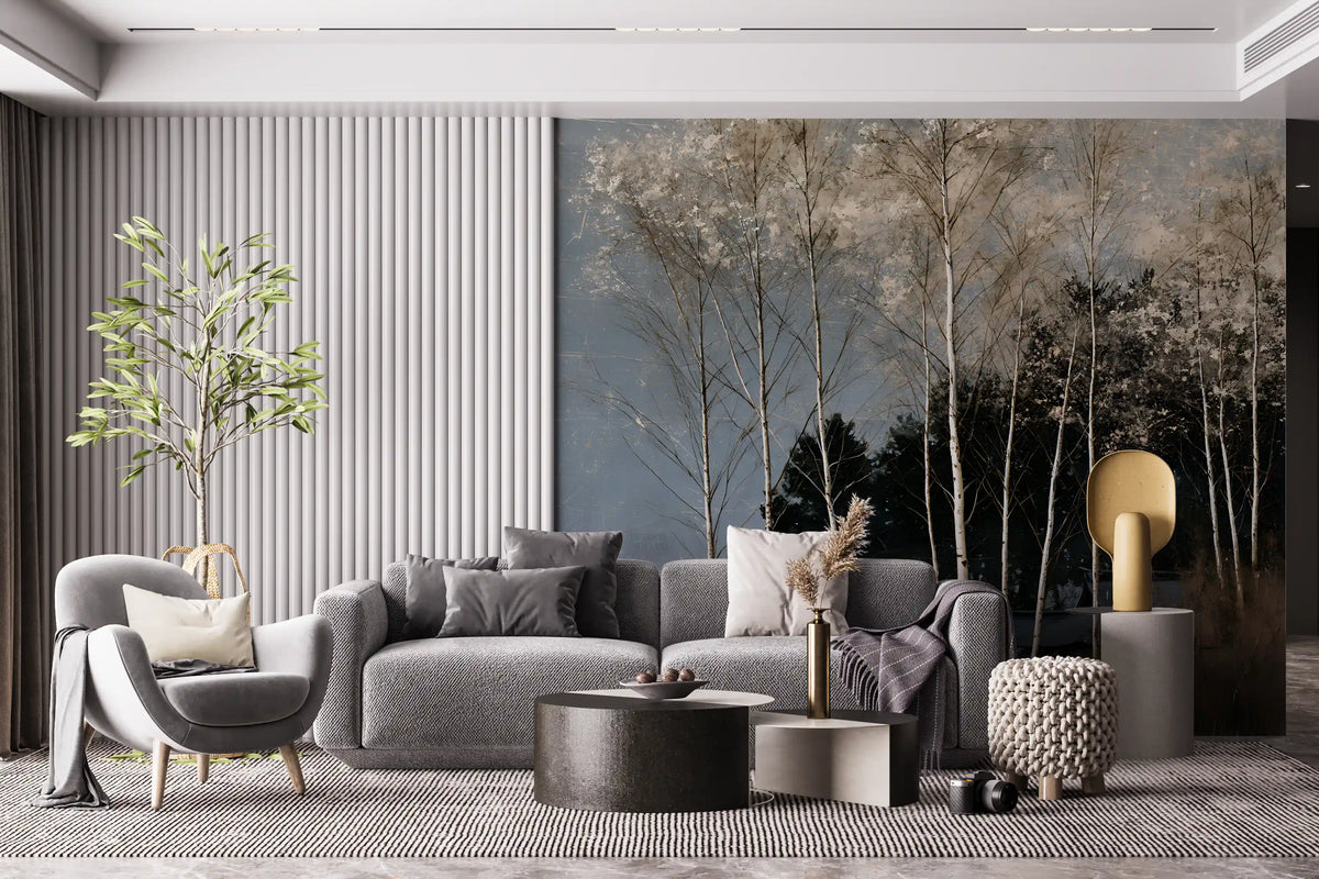 Mist Over Distant Birch Trees Wall Mural