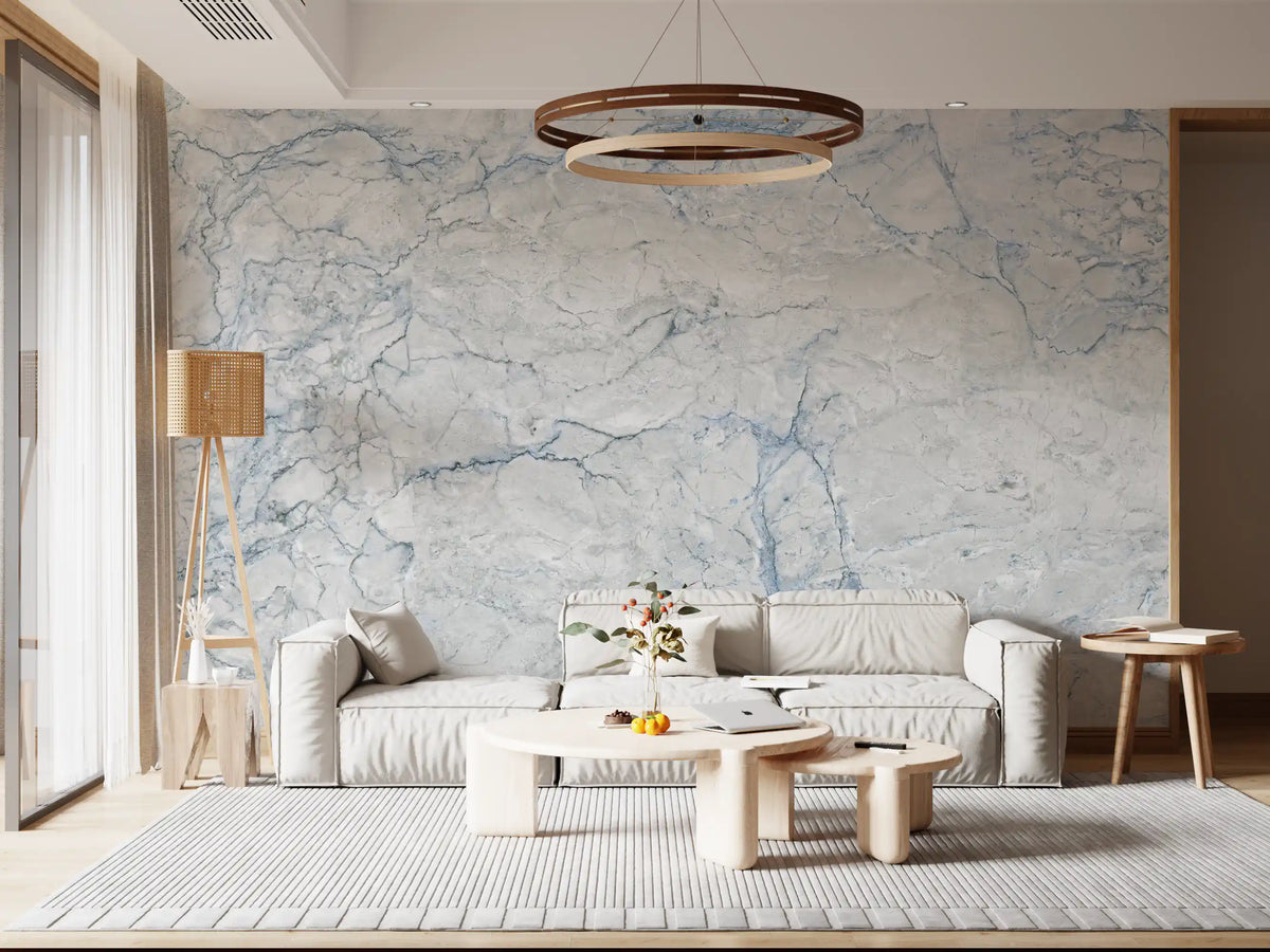Cream sofa, curved coffee table and ring pendant on azure stone marble wallpaper mural GD14160