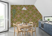 Symmetric Floral Renaissance on Olive Green Wallpaper⁠