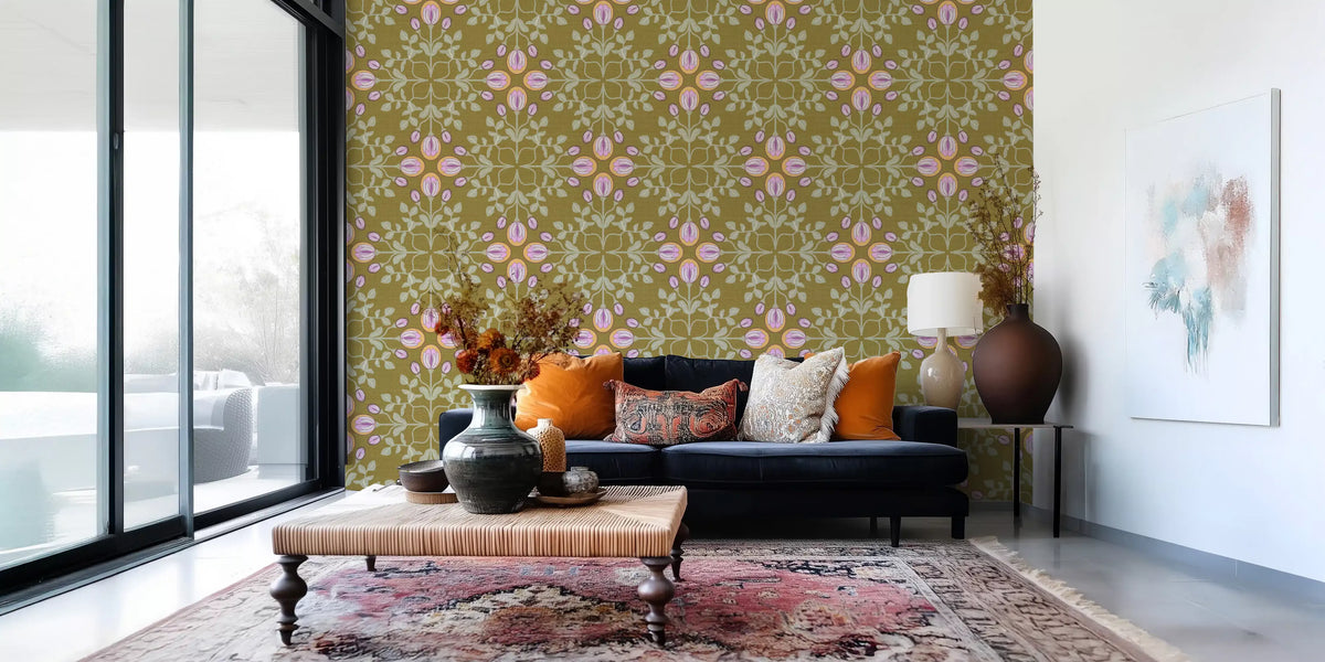 Symmetric Floral Renaissance on Olive Green Wallpaper⁠