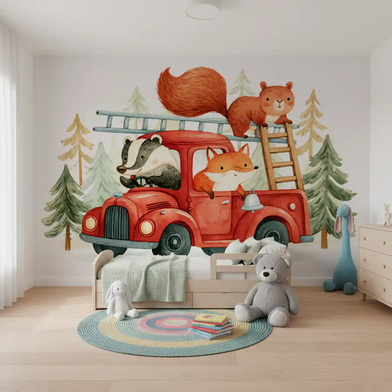 Animal wallpaper mural of a red fire truck above a low kids bed, grey teddy and pastel round rug GD14163