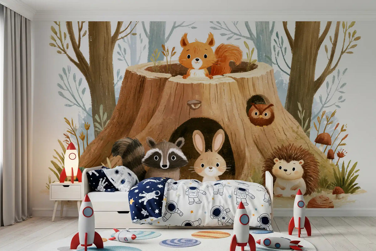 Forest Friends Tree Stump Scene Wall Mural