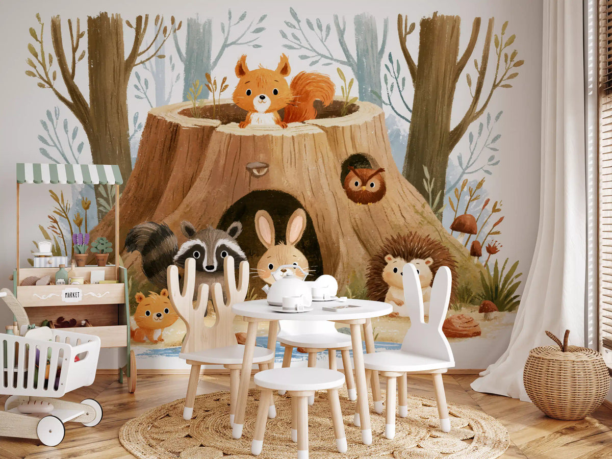 Forest Friends Tree Stump Scene Wall Mural
