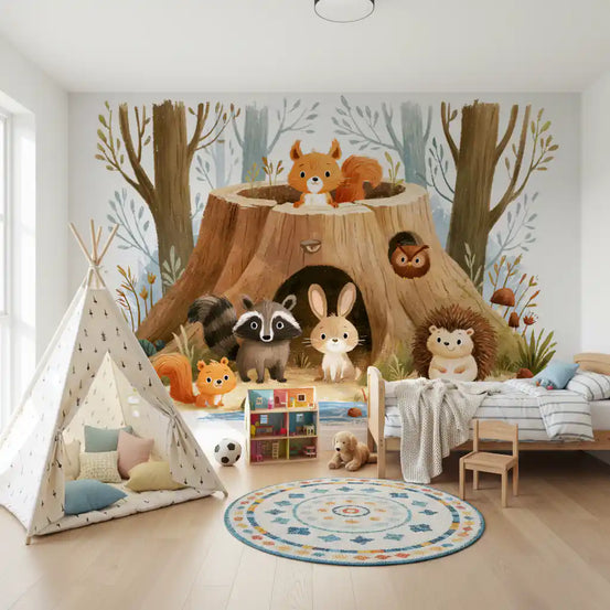 Nursery wallpaper mural of a tree stump and forest animals behind a white teepee and toy shelf GD14164