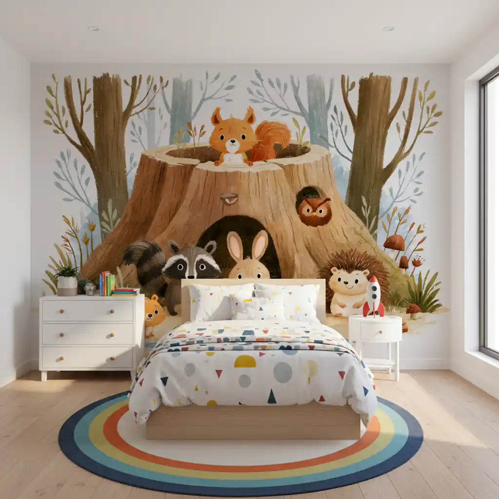 Forest Friends Tree Stump Scene Wall Mural