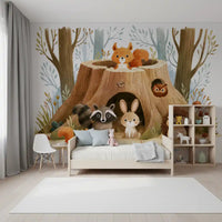 Forest Friends Tree Stump Scene Wall Mural
