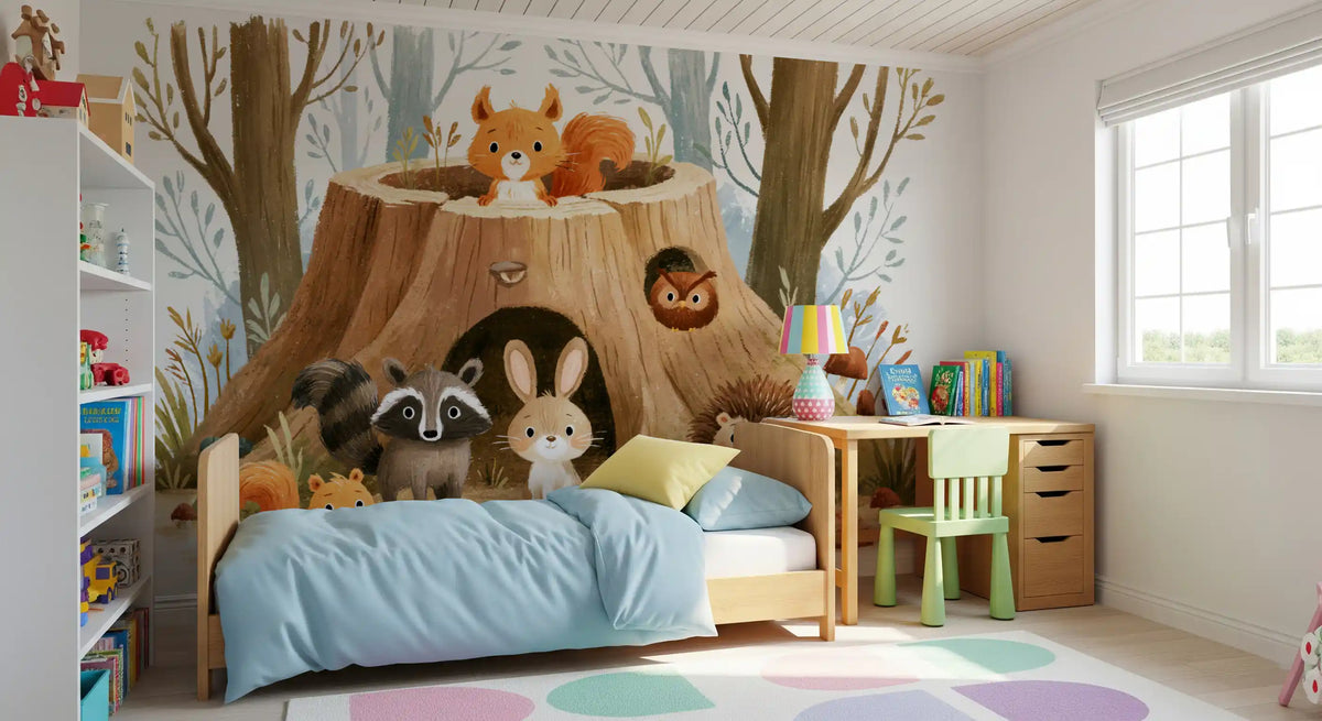 Forest Friends Tree Stump Scene Wall Mural