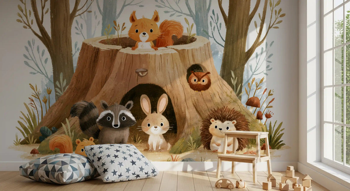 Forest Friends Tree Stump Scene Wall Mural