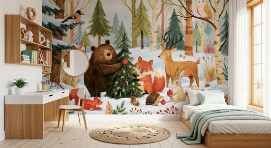 Winter Forest Friends Festive Christmas Celebration Wall Mural