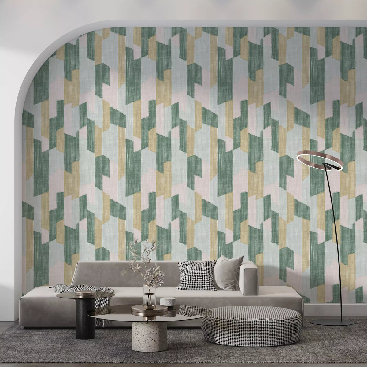 Arched alcove with gray low sofa and ring floor lamp on geometric wallpaper GD14169