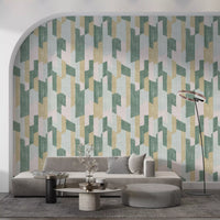 Arched alcove with gray low sofa and ring floor lamp on geometric wallpaper GD14169