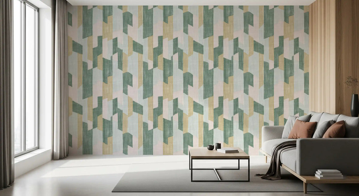 Gray sofa with rust cushions by wood panel on sage and mustard block wallpaper GD14169