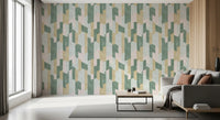 Gray sofa with rust cushions by wood panel on sage and mustard block wallpaper GD14169