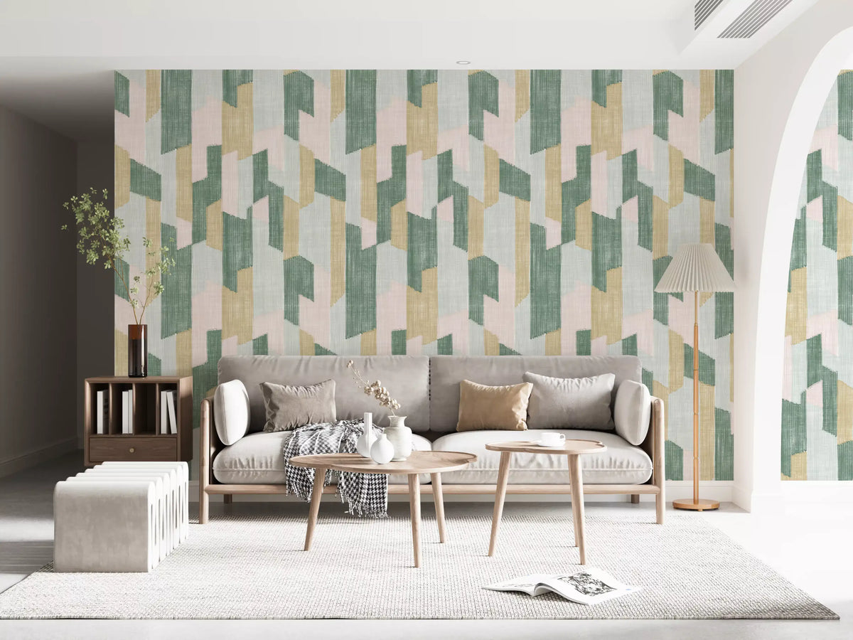 Beige sofa and round wood side tables beside archway on stepped block wallpaper GD14169