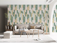 Beige sofa and round wood side tables beside archway on stepped block wallpaper GD14169