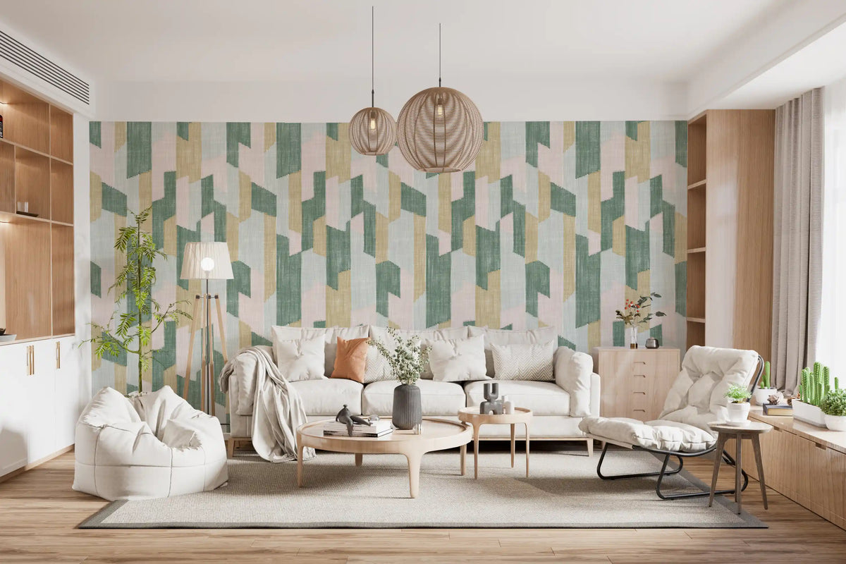 White sofa and wood pendant lights in living room with geometric wallpaper GD14169
