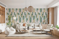 White sofa and wood pendant lights in living room with geometric wallpaper GD14169