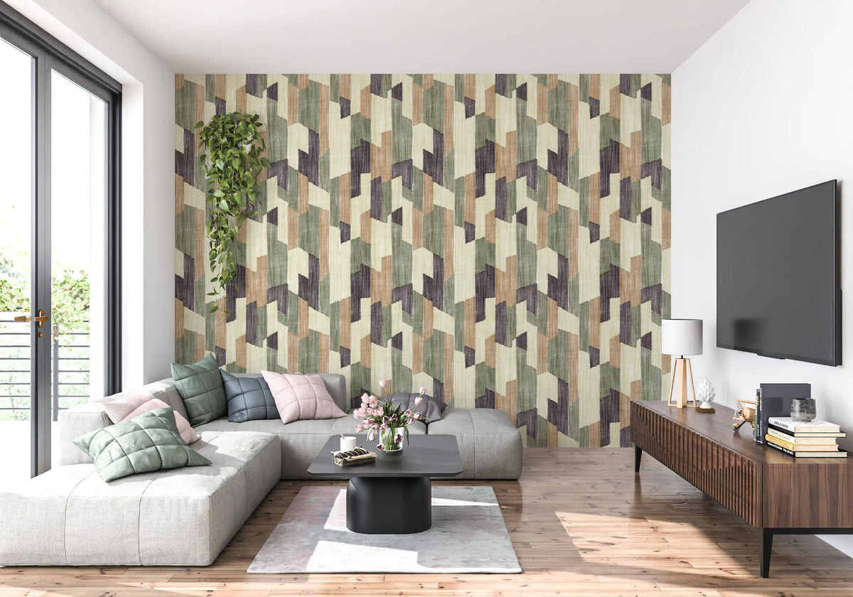 White L-shaped sofa and walnut TV console against olive and plum geometric wallpaper GD14170