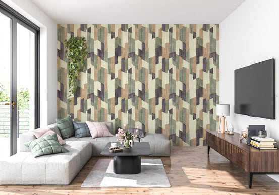 White L-shaped sofa and walnut TV console against olive and plum geometric wallpaper GD14170