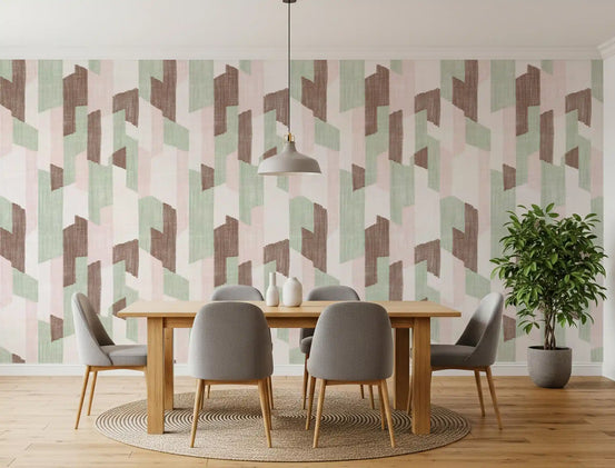 Wood dining table with gray chairs and jute rug on brushstroke wallpaper GD14171
