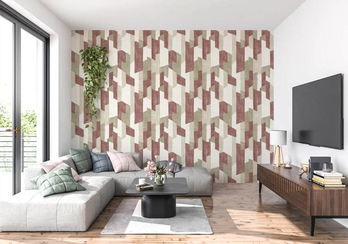White L-shaped sofa and walnut TV console against brick red geometric wallpaper GD14172