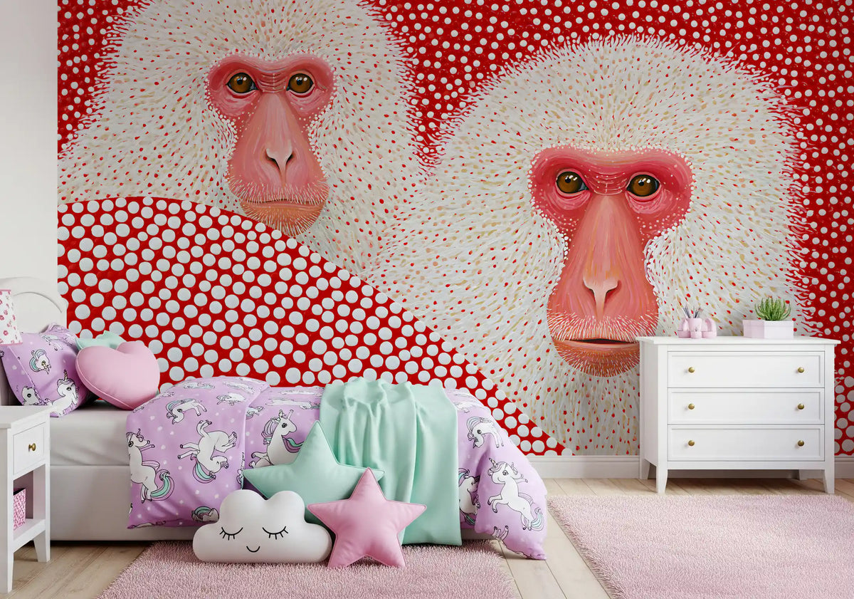 Snow Monkey Polka Dot Portrait Wall Mural