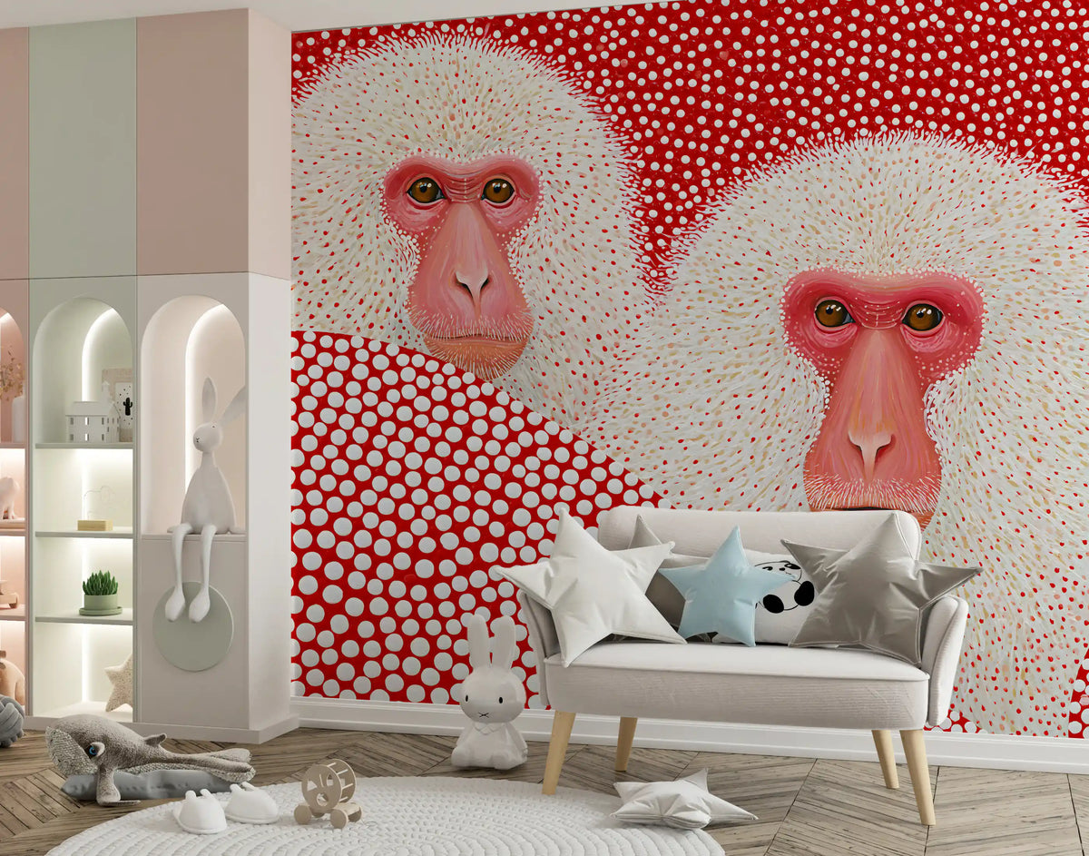Snow Monkey Polka Dot Portrait Wall Mural