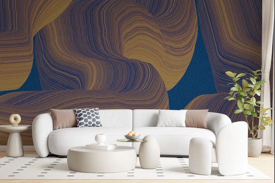Abstract wallpaper behind a white curved sofa and round white coffee table GD14176