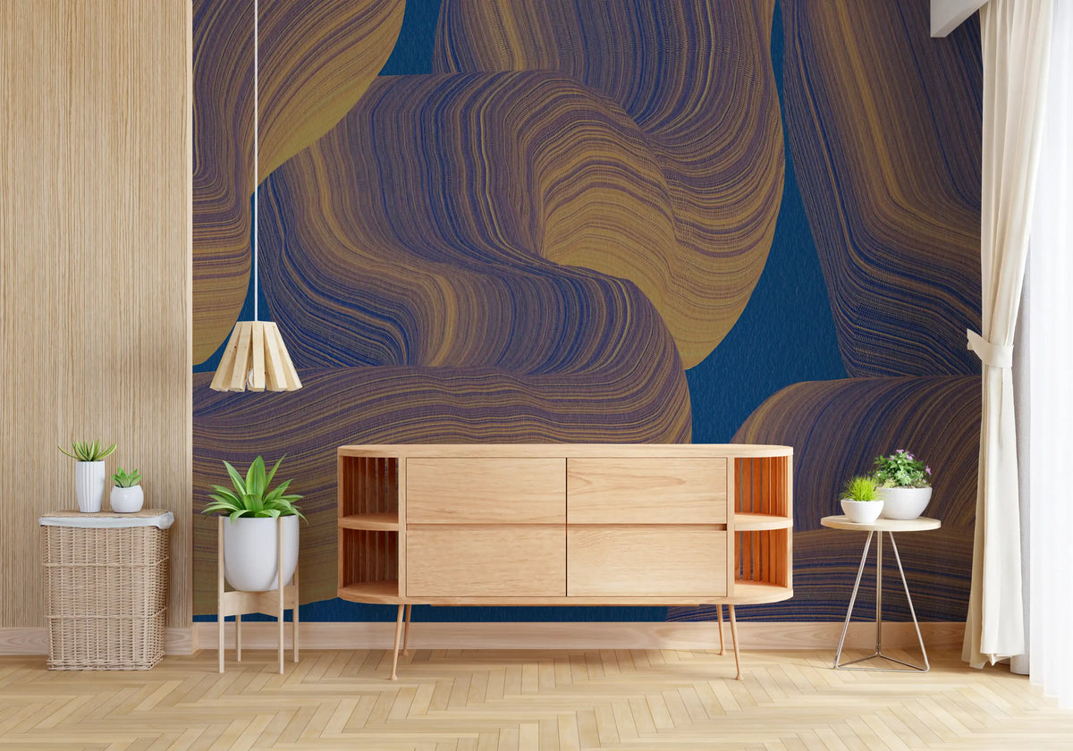 Sweeping Golden Curves on Navy Texture Wall Mural