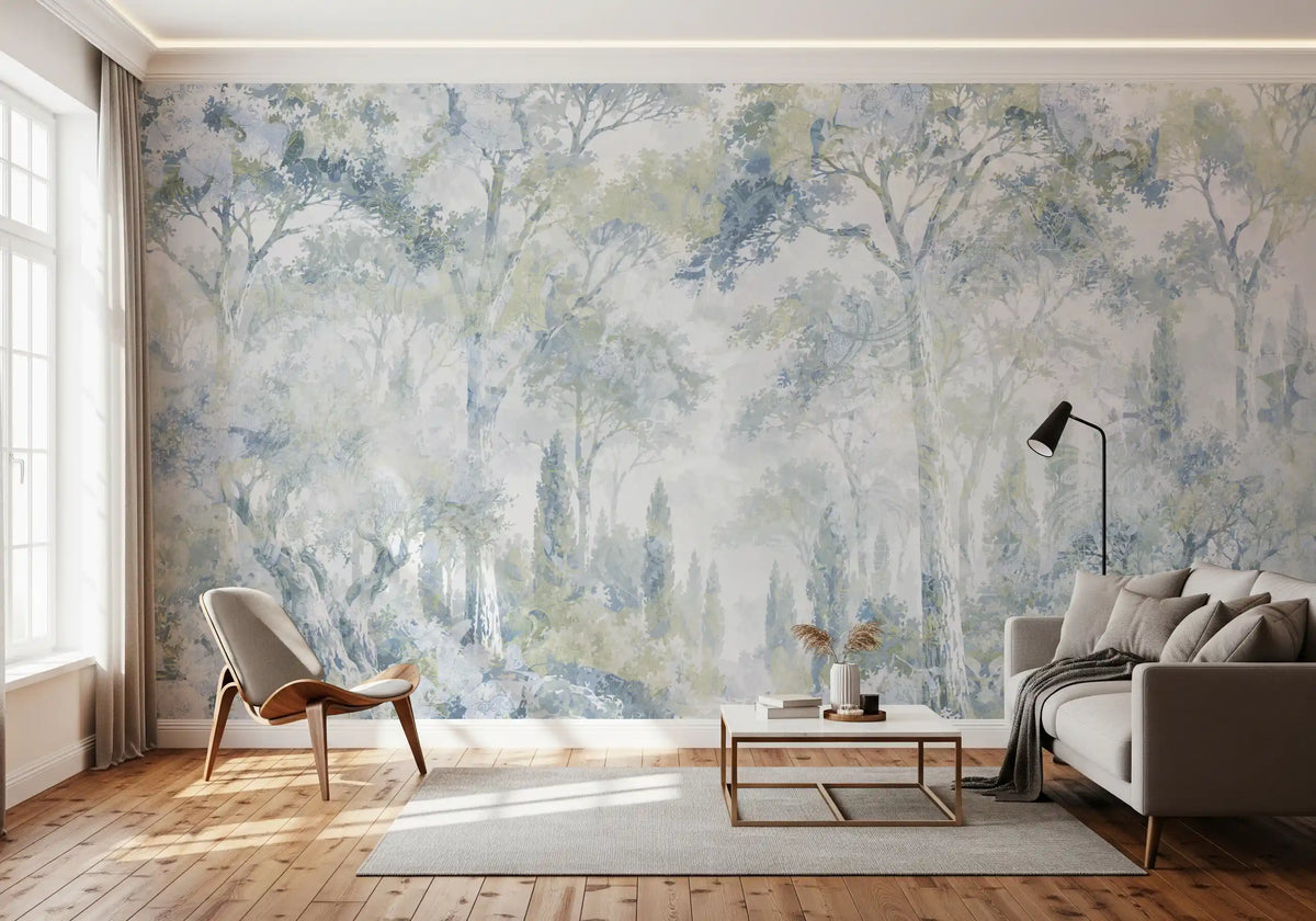 Misty Icy Blue Tuscan Forest Path wall mural