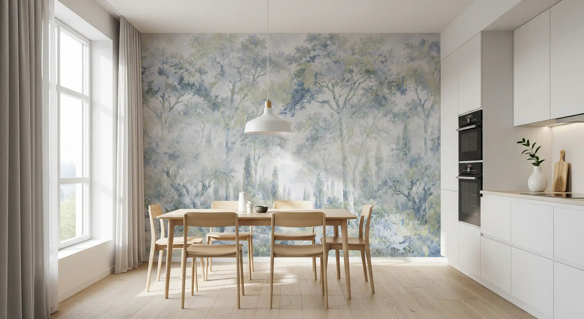 Misty Icy Blue Tuscan Forest Path wall mural
