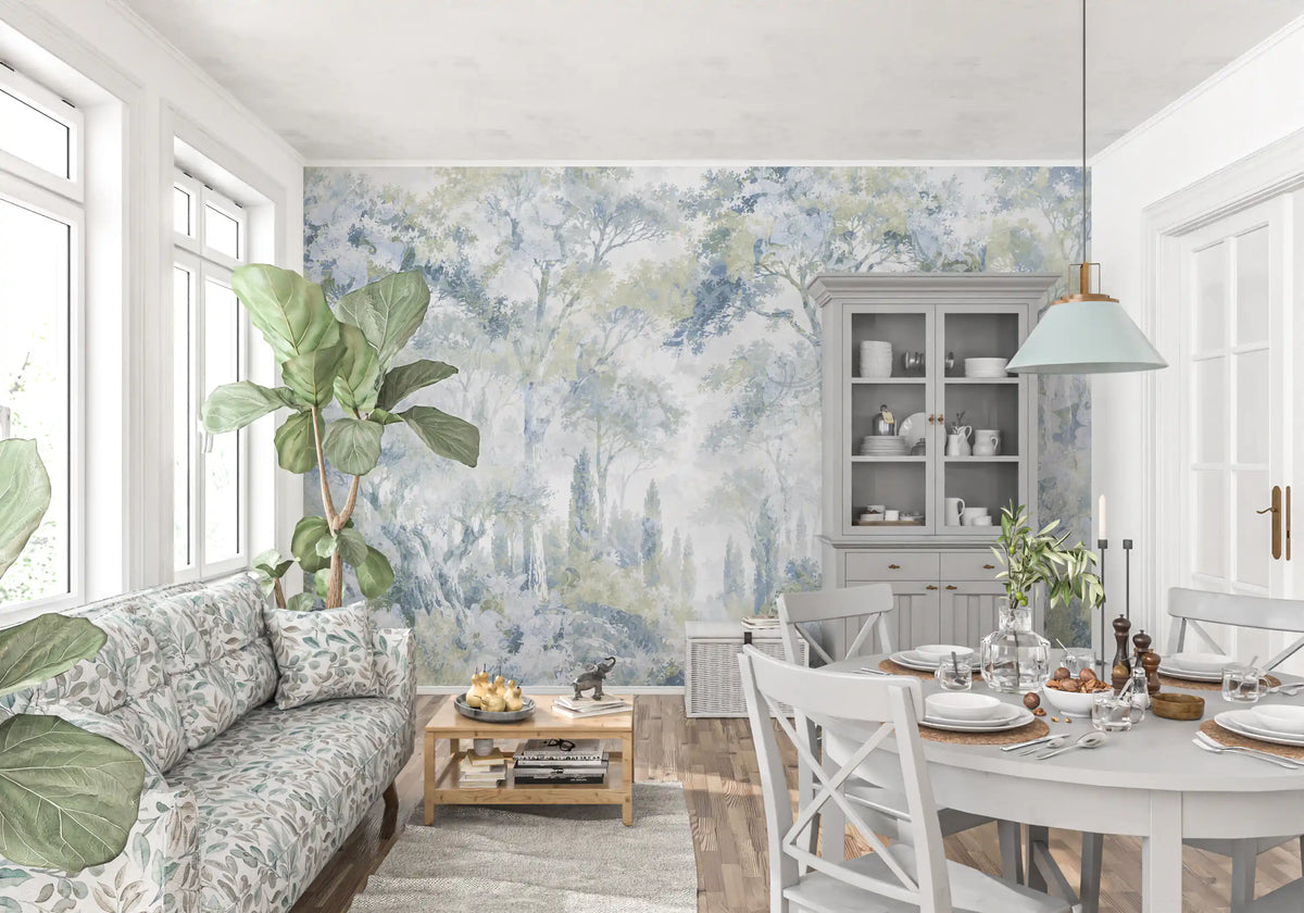 Misty Icy Blue Tuscan Forest Path wall mural