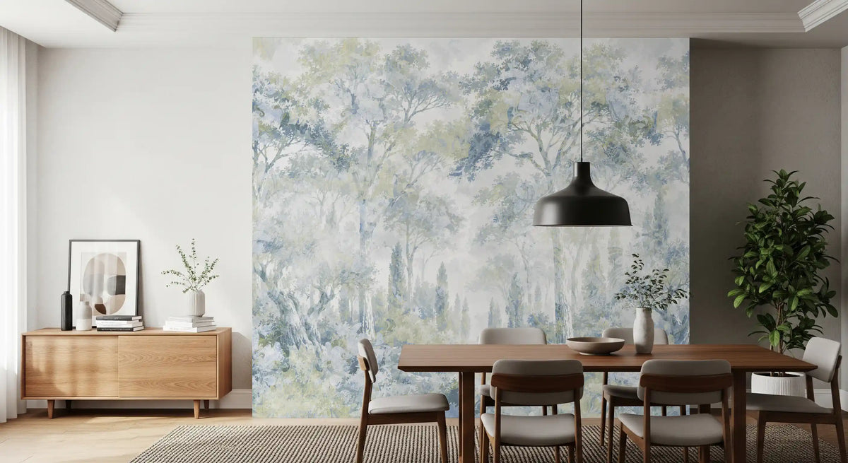 Misty Icy Blue Tuscan Forest Path wall mural