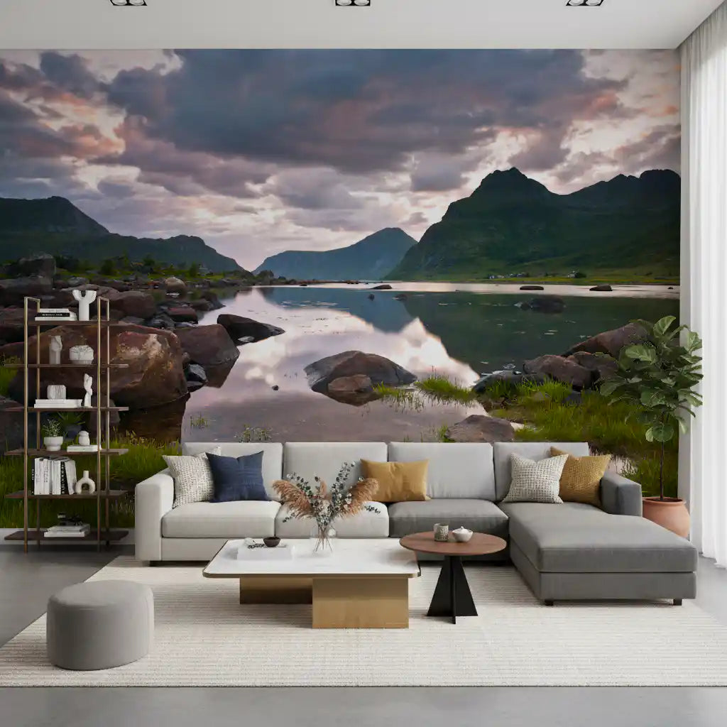 Lake and peaks mural behind gray sectional sofa and open shelf unit GD14192