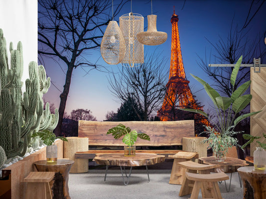 Paris wallpaper mural behind live edge wood table, stools and rattan pendants GD14194