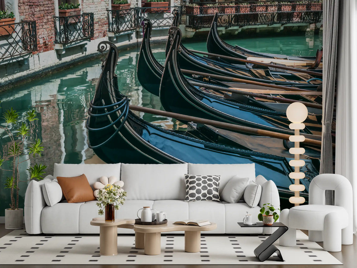 Canal reflections mural behind white sofa and stacked floor lamp GD14197