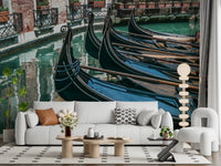Canal reflections mural behind white sofa and stacked floor lamp GD14197