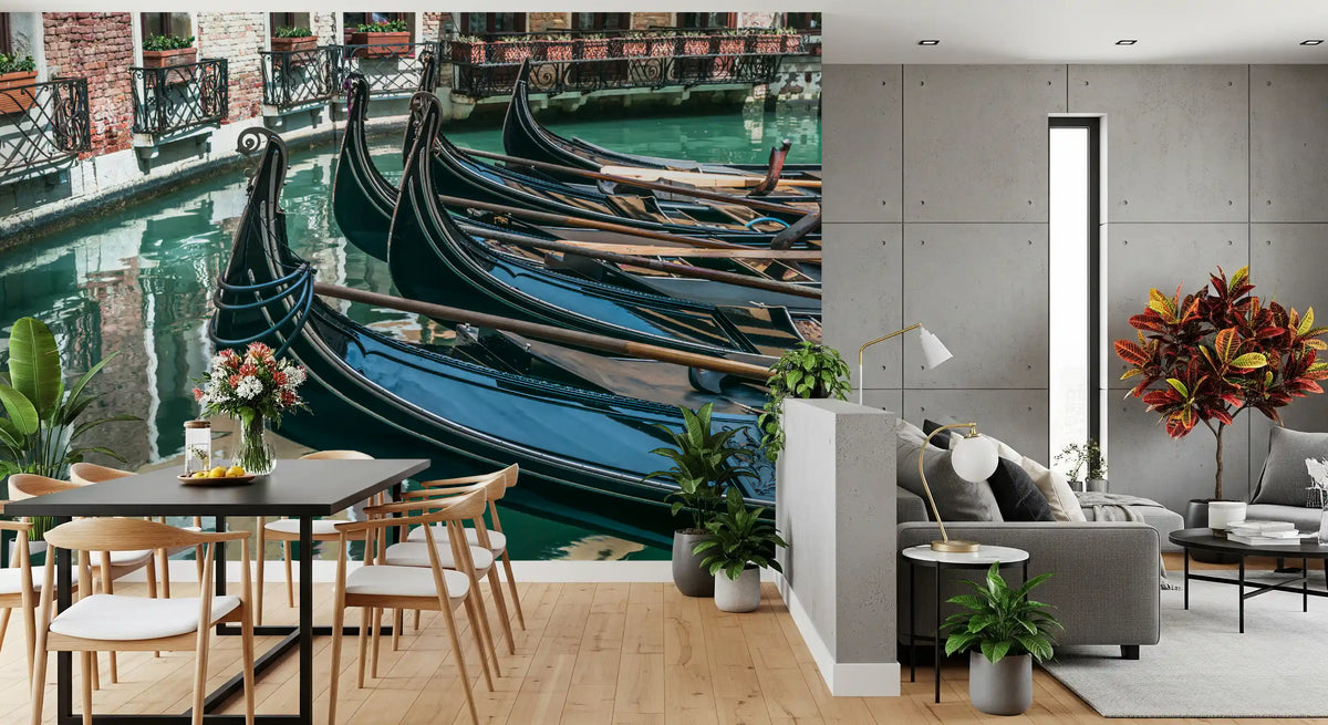 Gondola canal mural in dining area with black table and gray sofa GD14197