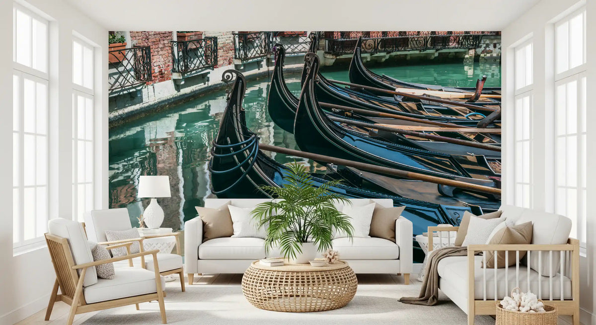 Venice wallpaper in bright living room with white armchairs and palm GD14197