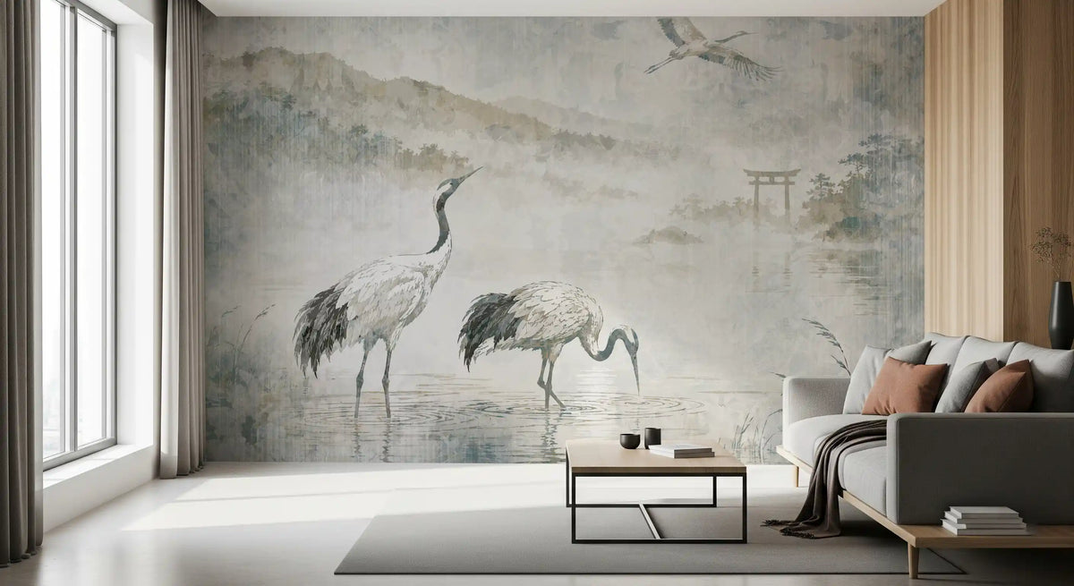 Serene Japanese Landscape & Crane Mural Wall Mural