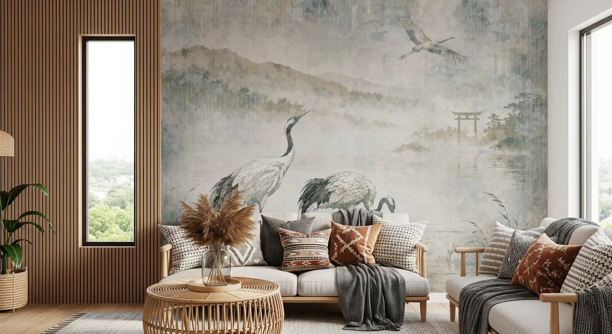 Serene Japanese Landscape & Crane Mural Wall Mural