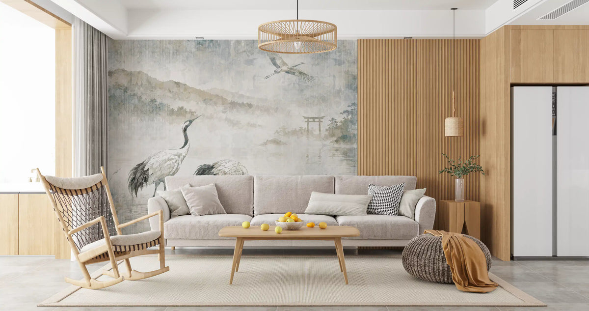 Serene Japanese Landscape & Crane Mural Wall Mural