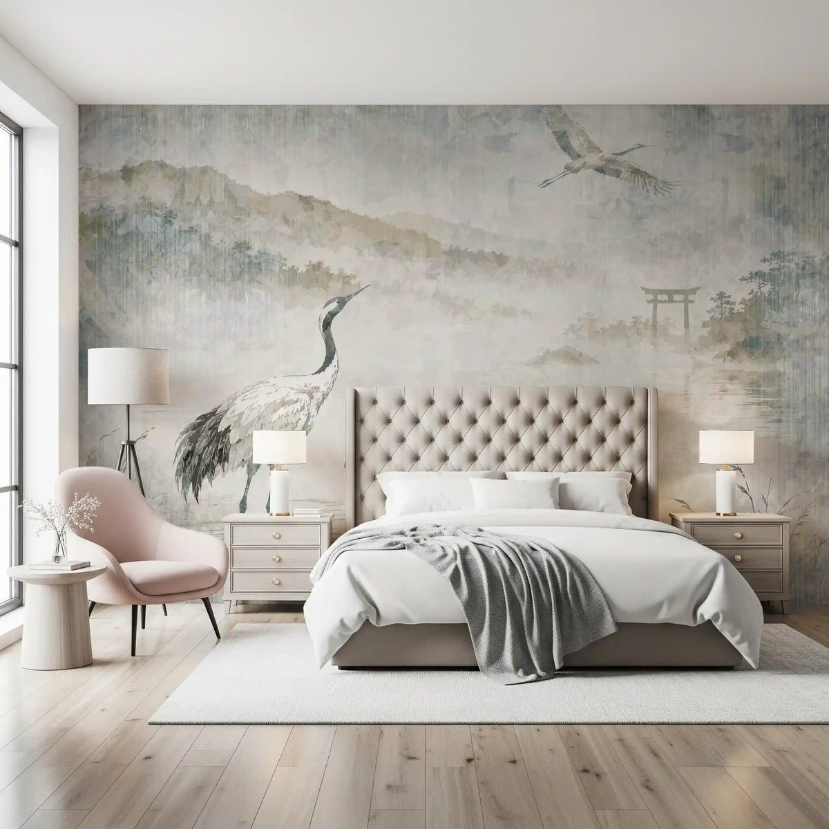 Serene Japanese Landscape & Crane Mural Wall Mural