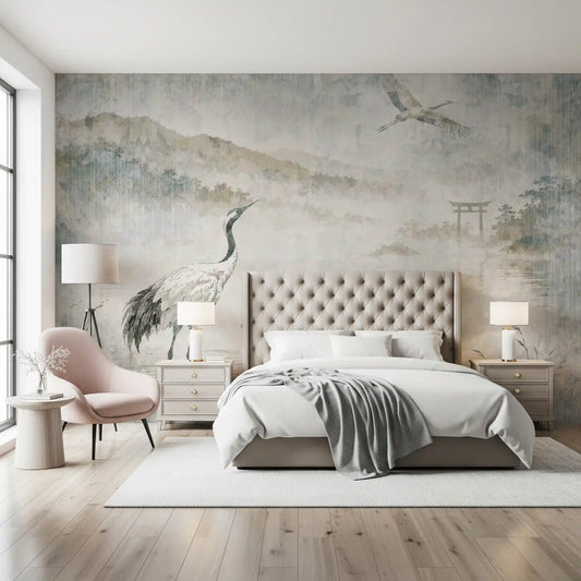 Serene Japanese Landscape & Crane Mural Wall Mural