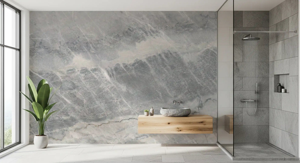 Bathroom with a glass shower and floating oak vanity on a gray marble wall mural GD14203