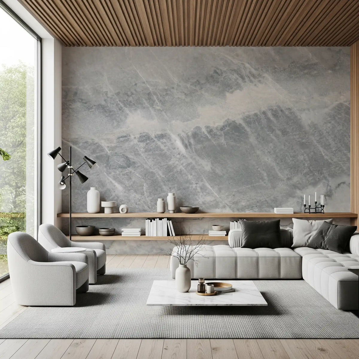 Gray marble wallpaper behind a modular sectional under a wood slat ceiling GD14203