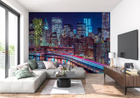 New York wallpaper in a living room with white sectional, TV and walnut console GD14205